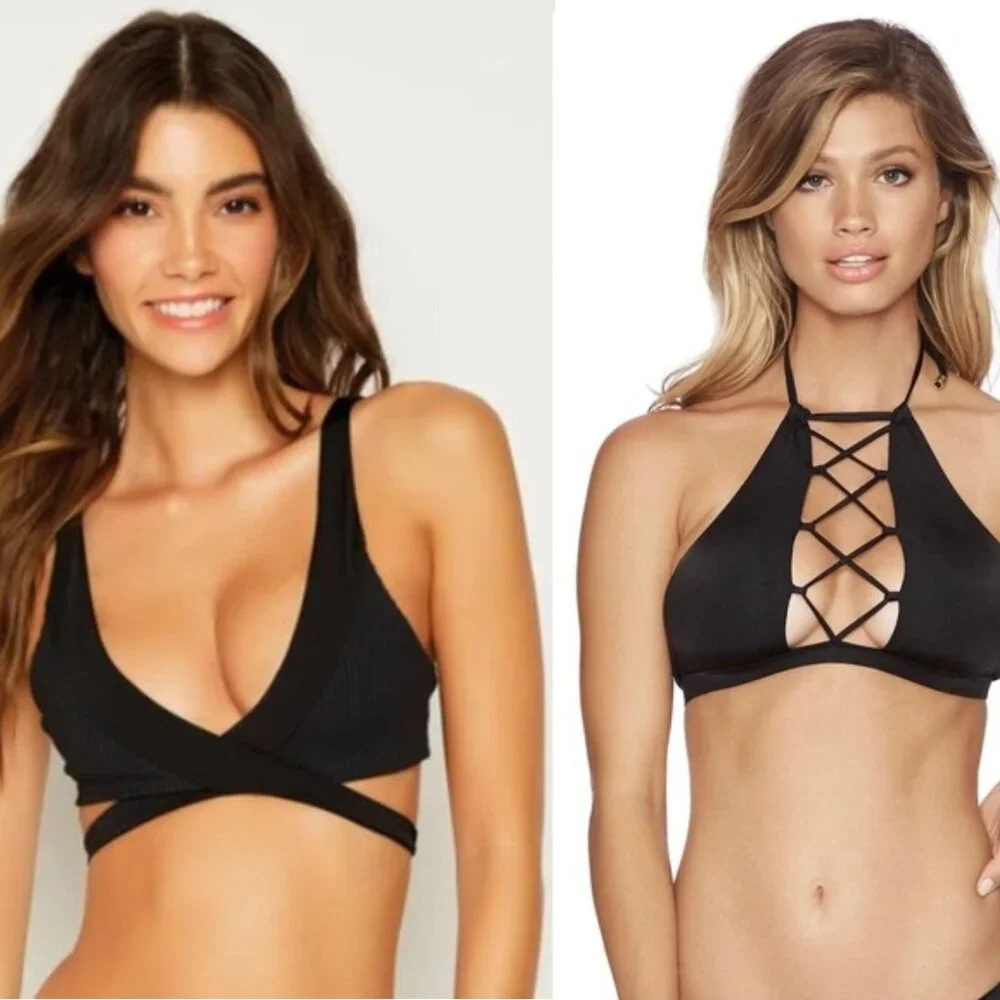 Beach Bunny 3-pc swimwear skylar wrap Halter Swim top High Waist bottom black
